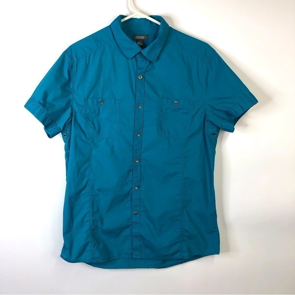Kenneth Cole Reaction teal blue short sleeve button down shirt size large